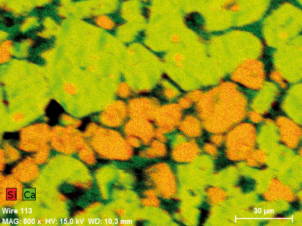 Si和Ca元素图叠加(belite:橙色，alite:黄绿色)