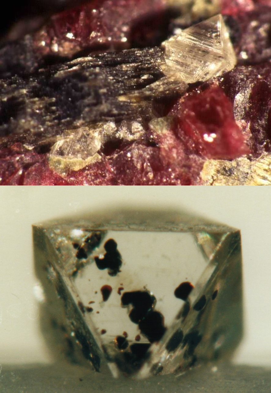 天然钻石及其相关指示矿物，作为橄榄岩的一部分（顶部）和包裹体