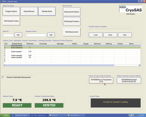 głównyekran oprogramowania cryosaswyświetlającyaktualniezaładowanePróbkii wybrane metody analizy。